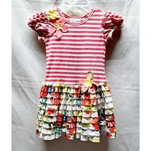 Bonnie Jean Red White Stripe Floral layerd ruffle 2 big Flowers dress 4/4T